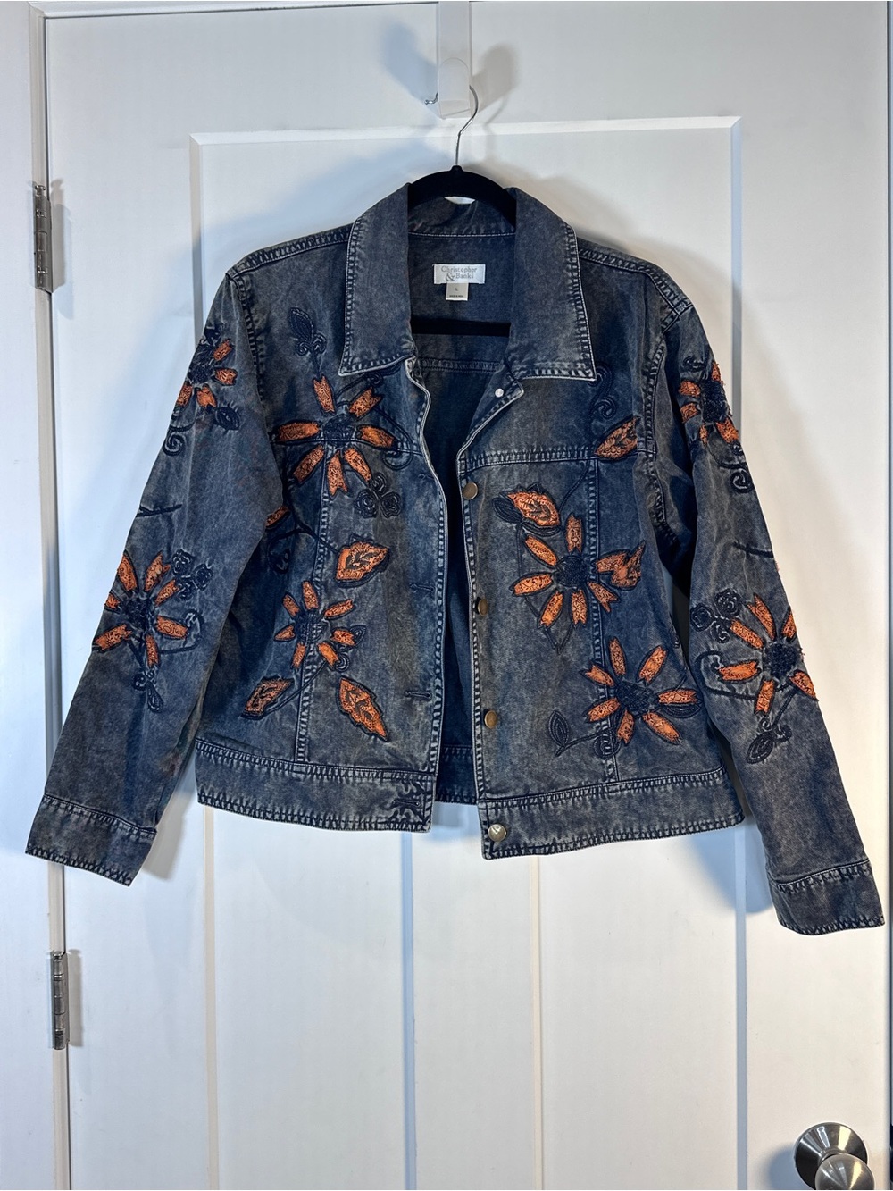 Christopher & Banks Dark Acid Washed Denim Jacket with Orange Floral Embroidery